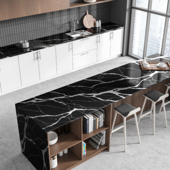 Alleanza Quartz countertops in a modern kitchen rendering in the Noir Blanc Select color